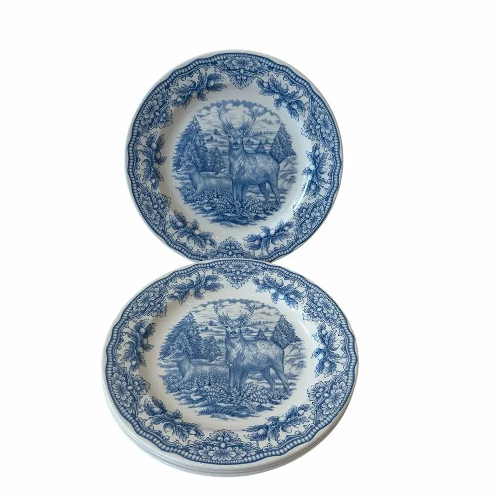 Royal Stafford Homeland STAG Dinner Plates 11in Set of 4 Blue Thanksgiving NEW
